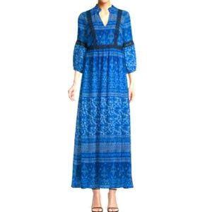 Karl Lagerfeld Paris Women's Shift Dress Blue Floral Notch Neck Bishop Sleeve 14